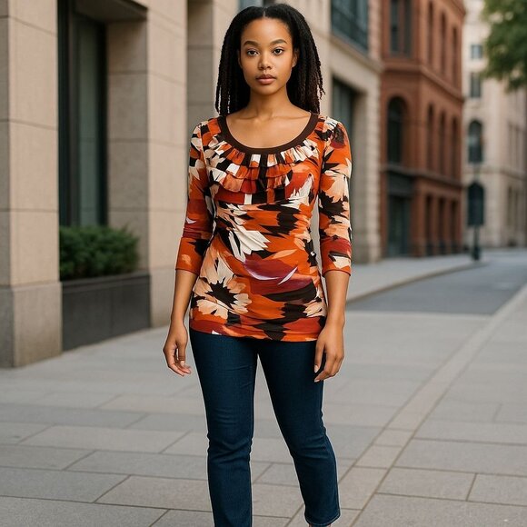 Kay Unger Tops - Kay Unger Y2K Medium Cinched Ruched Waist Multicolor Abstract Print Ruffled Top